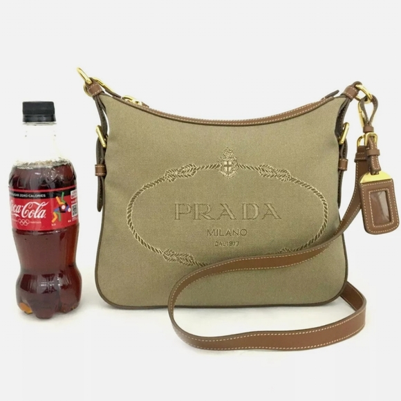 PRADA JACQUARD LOGO CANVAS BEIGE LEATHER SHOULDER BAG/R3364 - Picture 6 of 15